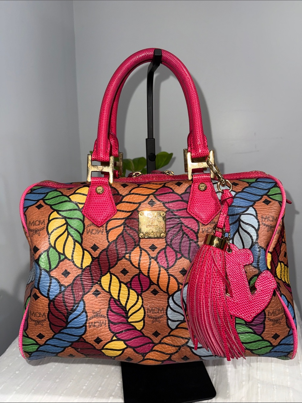 Preloved. Limited edition MCM Multicolor Rope-Print Leather Satchel - Pink Trim - Picture 7 of 16